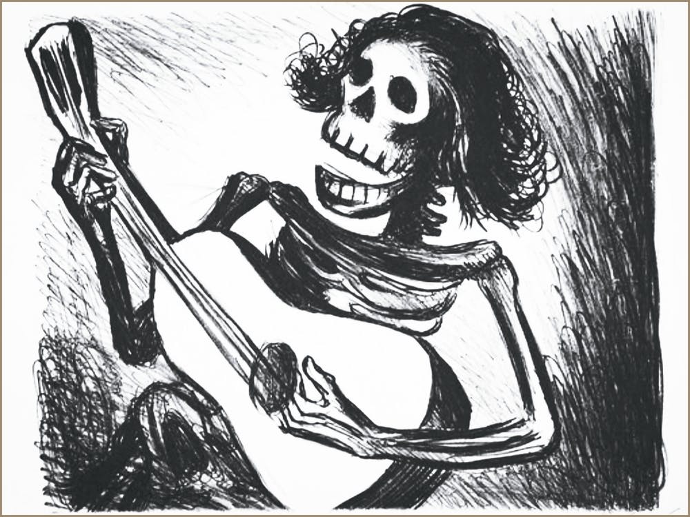 Skeleton 'Calavera' Playing Guitar - 1938 Vintage Sketch by Mexican Graphic Designer Leopoldo Mendez - Witchy Gothic Funny Cool Skull Art Witchcore Dark Aesthetic Remastered High Definition Collectable Gallery