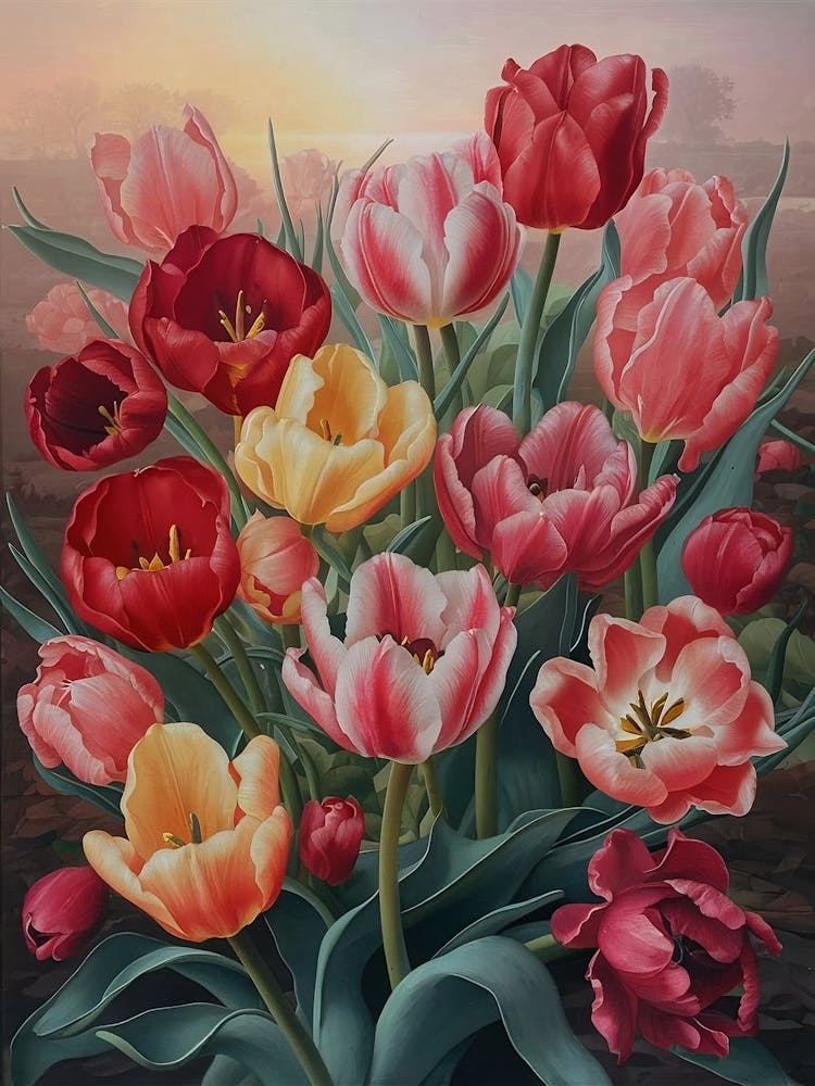 Colorful Tulips Red Yellow in Oil Paint style