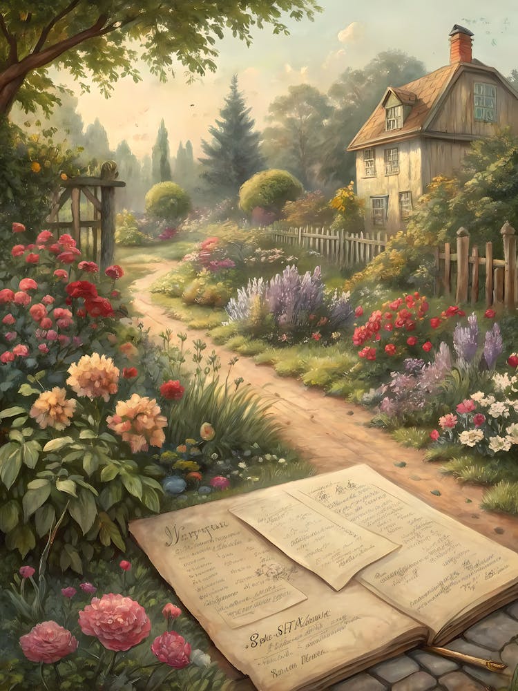 Oil Painting Style Vintage Garden Sketch With Botanical