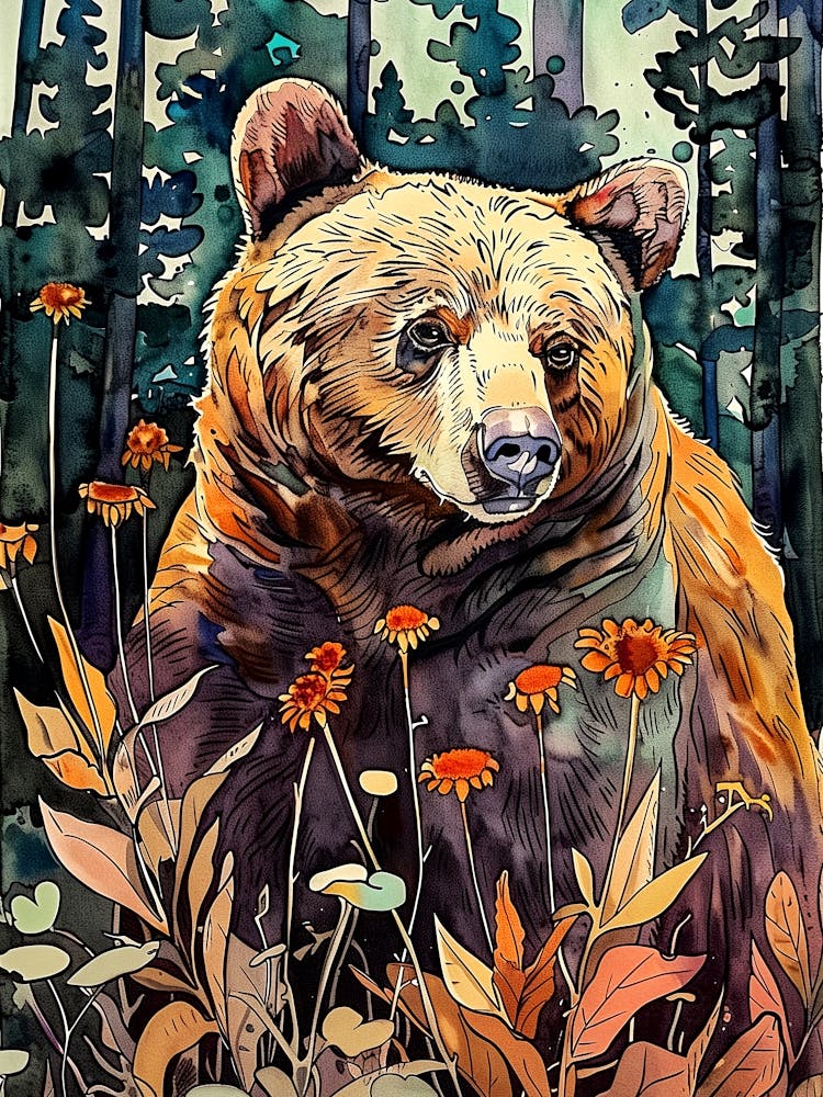 Brown Bear In The Woods animal art