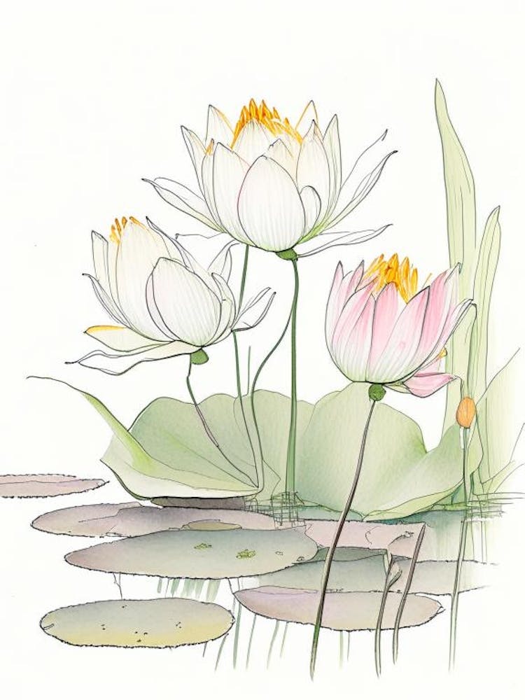 Lotusblumen Im Garten Bleistiftillustration 4
