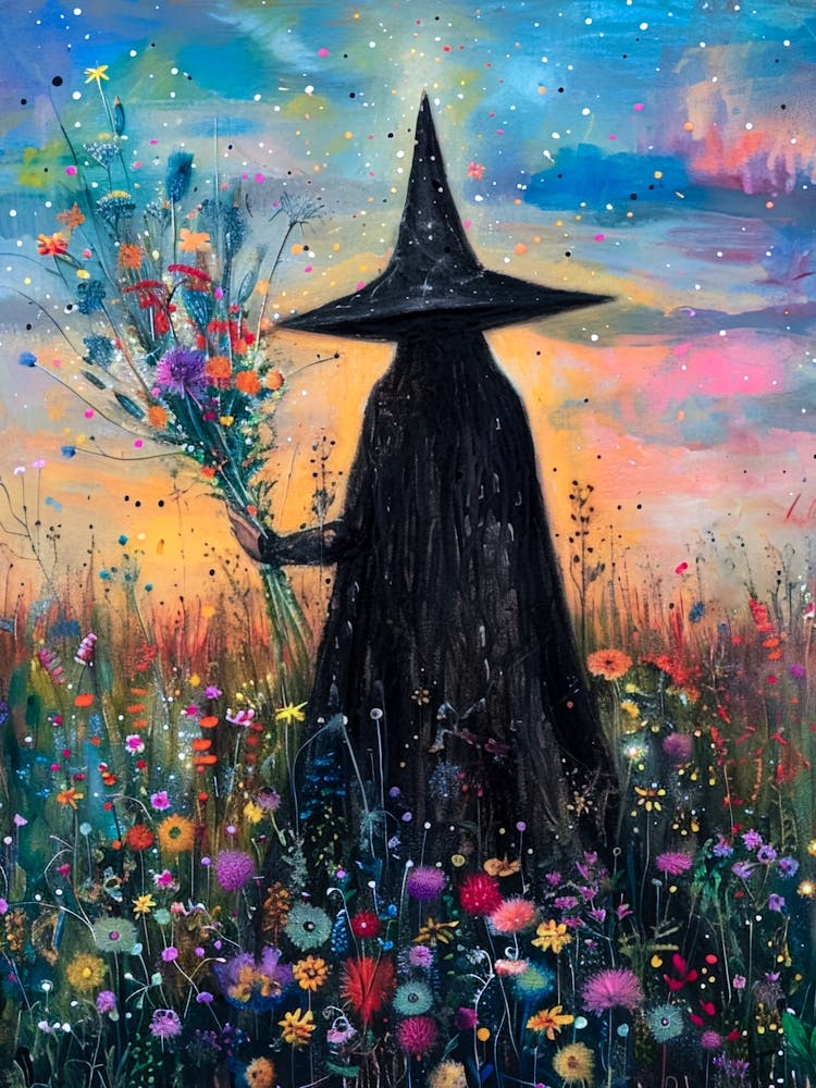 A Witch Watches the Sunrise Gathering Wildflowers | Colorful Witchcraft Painting | Summerween Summer Halloween Spooky Cute Wall Decor | Pagan Print Summer Solstice Litha in HD