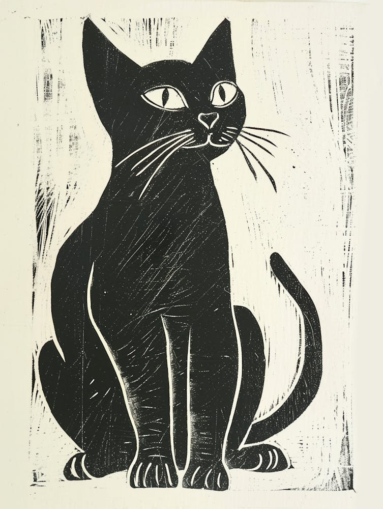 Burmese Cat Linocut Blockprint 1