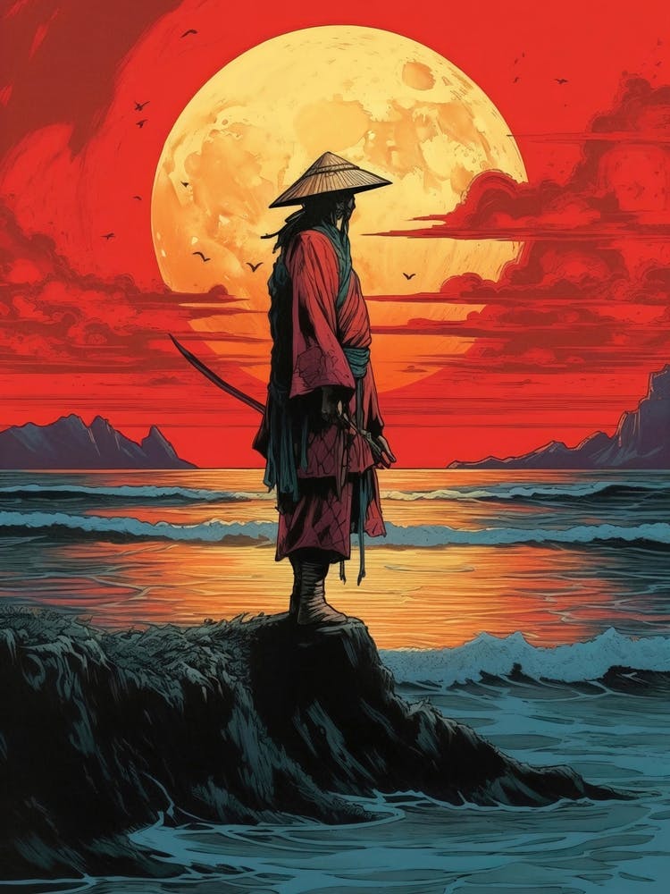 Japanese Red Samurai Warrior Moon