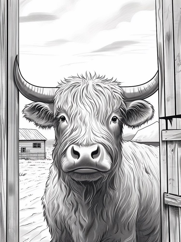 Linework Illustration Of Highland Cow Peeking In The Barn