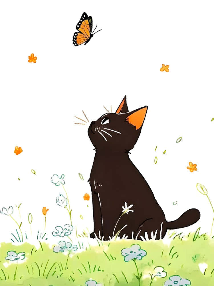 Black Cat And Butterfly Minimalist Illustration – Cute Cat Wall Art