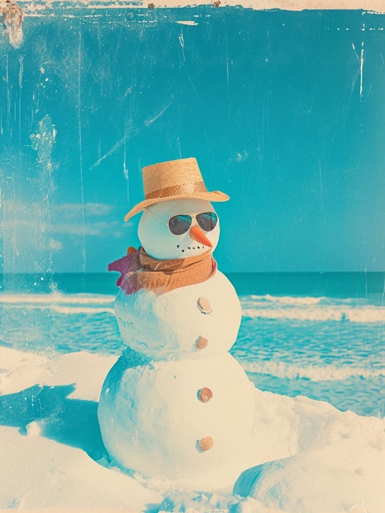Snowmen On The Beach Retro Photo 4