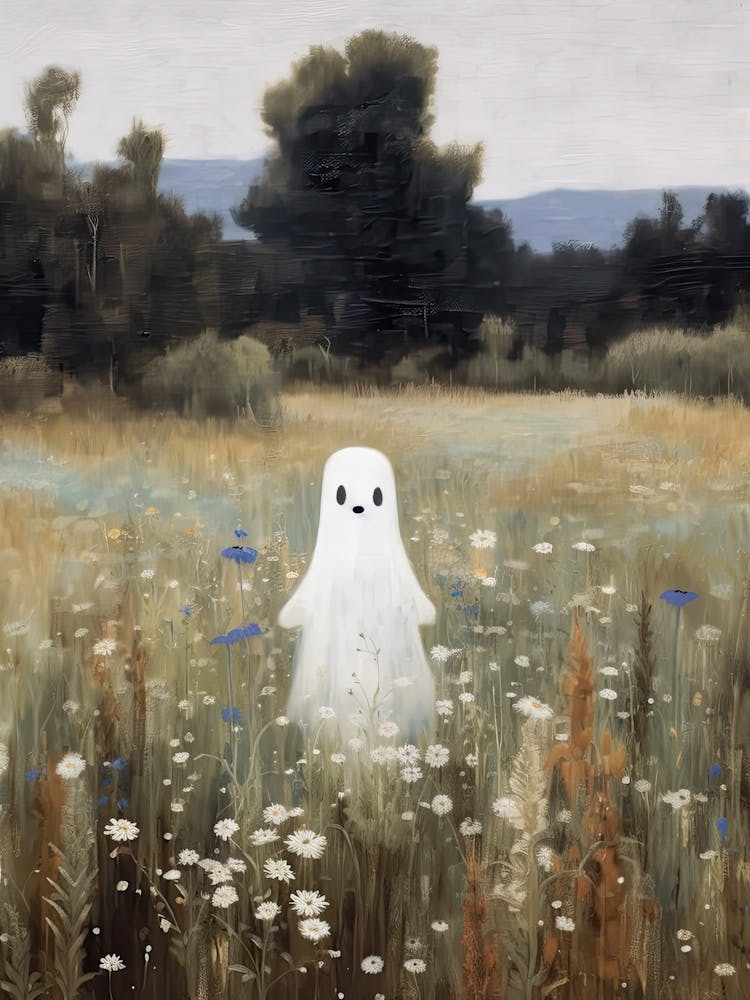 Cute Bedsheet Ghost In Flower Landscape Vintage Style, Halloween Spooky 4