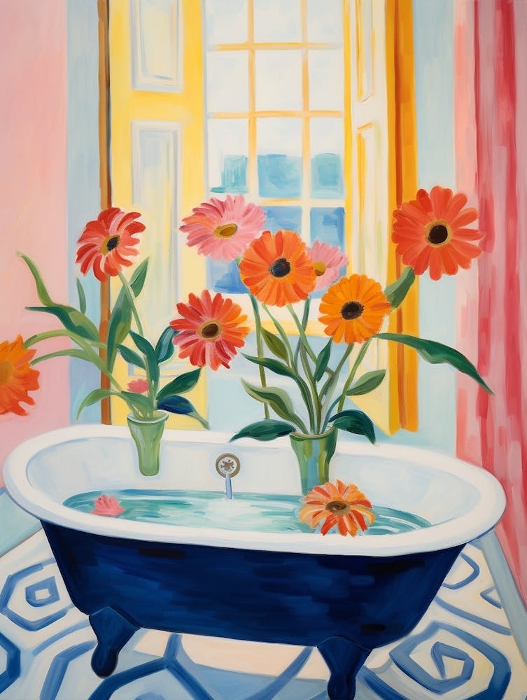 Eine Badewanne voller Gerbera in einem Badezimmer 4