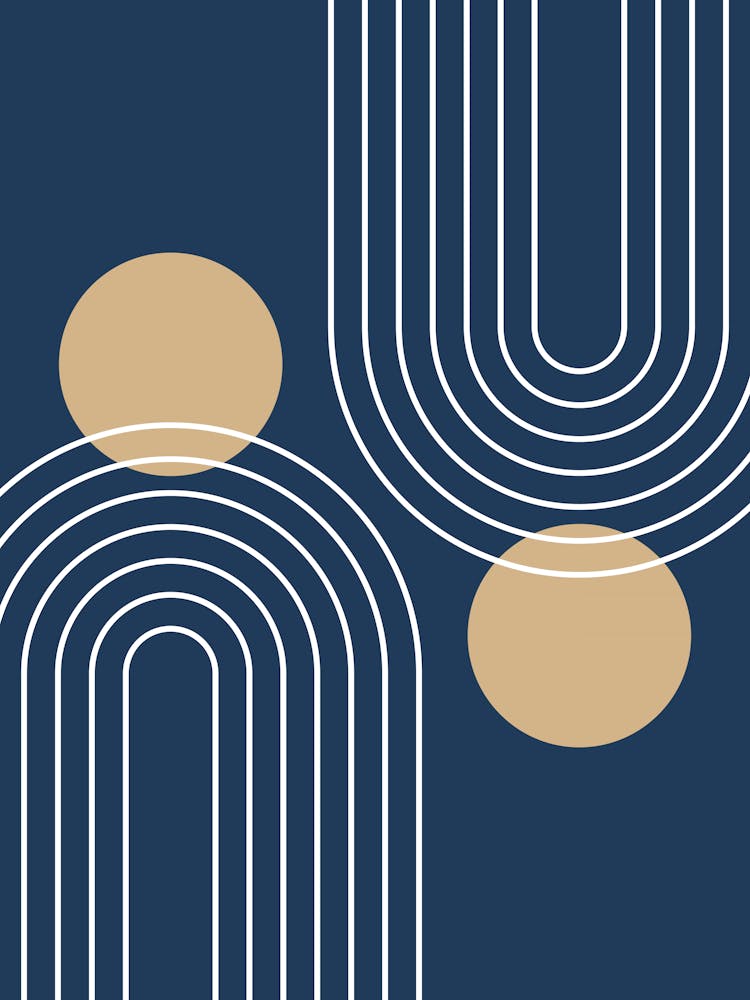 Mid Century Modern Geometric In Navy Blue And Tan (Rainbow And Sun Abstract) 01