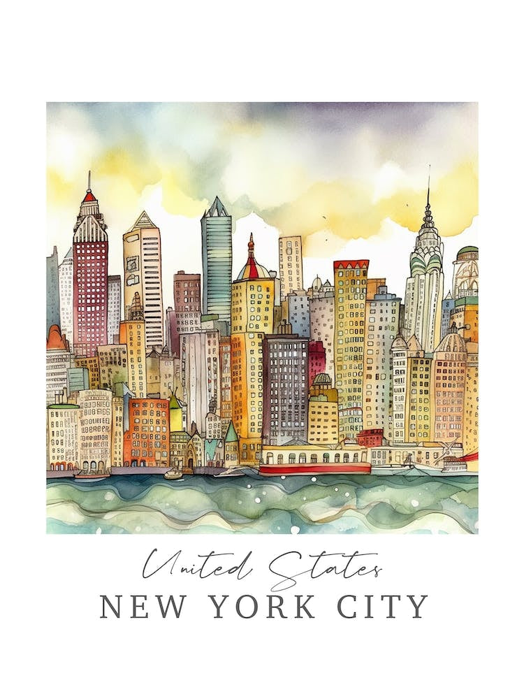 United States, New York City Storybook 5 Travel Poster Watercolour