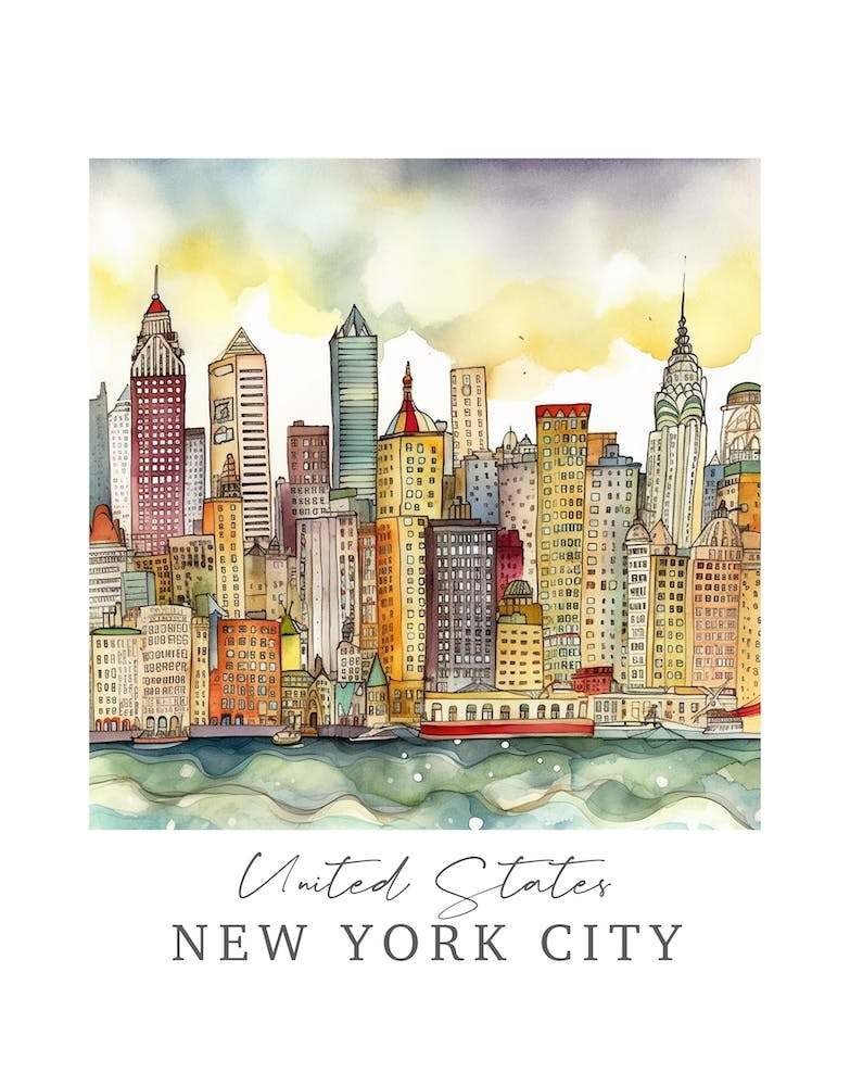 United States, New York City Storybook 5 Travel Poster Watercolour