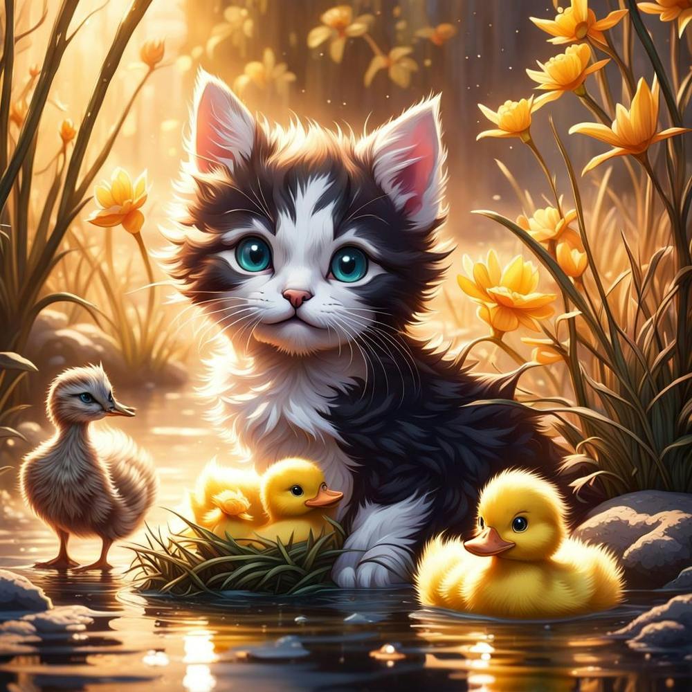 Little Kitten With Ducklings