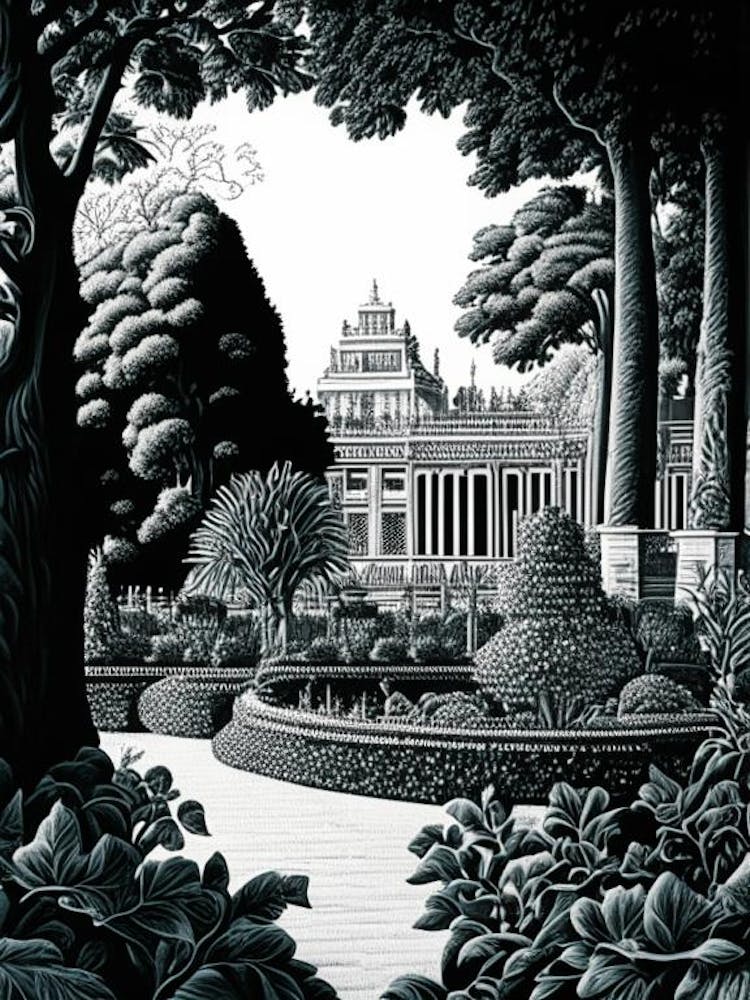 Gardens Of The Palace Of Versailles, 1, France Linocut Black And White Vintage