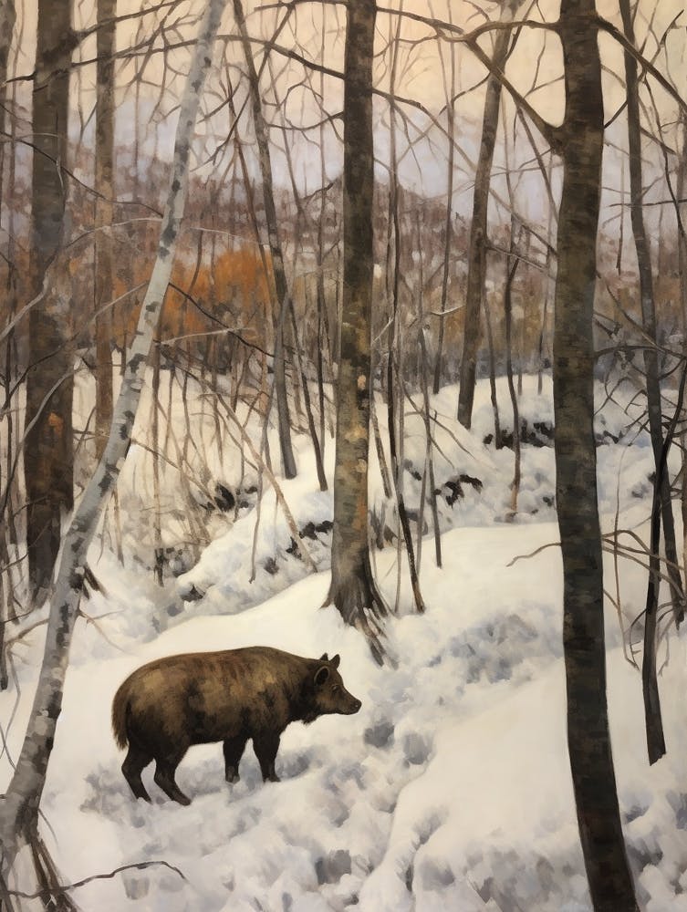 Vintage Winter Animal Painting Wild Boar 1
