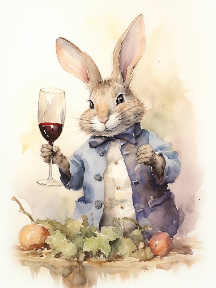 Wein verkostendes Häschen – Kaninchendrucke Aquarell 4