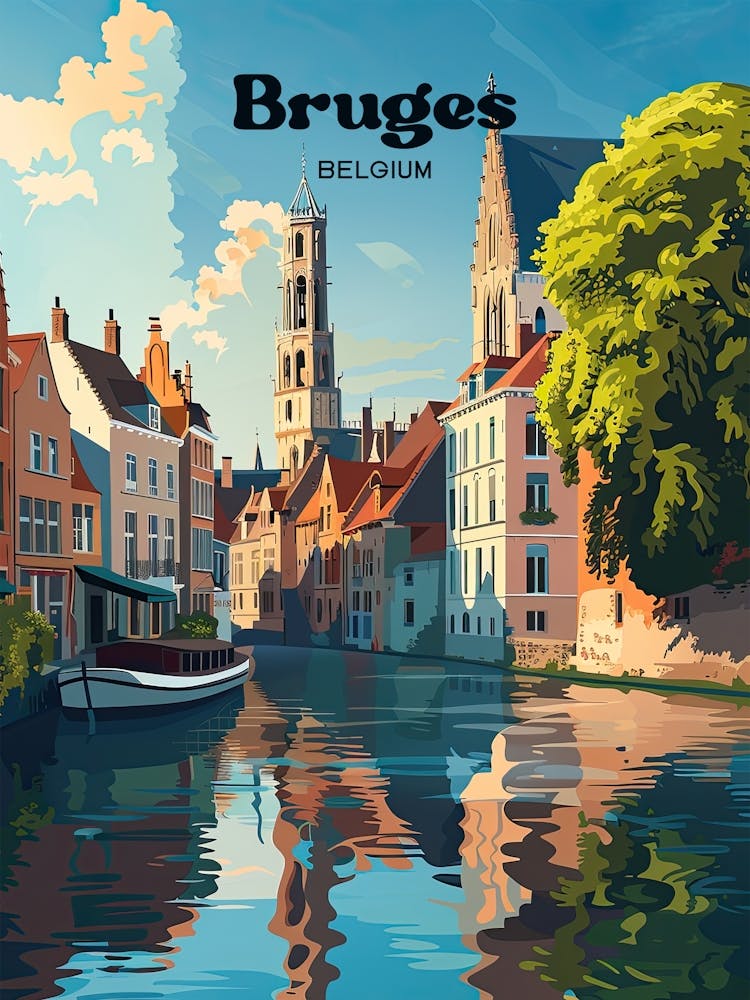 Bruges Belgium Canal Digital Travel Illustration