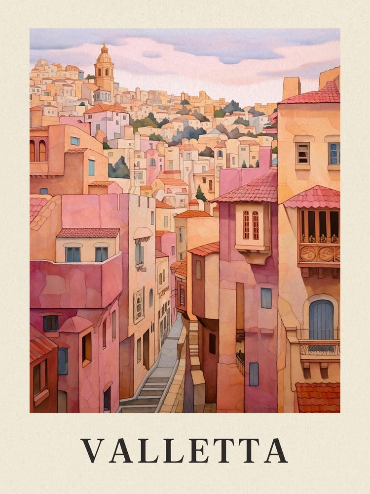 Valletta Malta 1 Vintage Pink Travel Illustration Poster