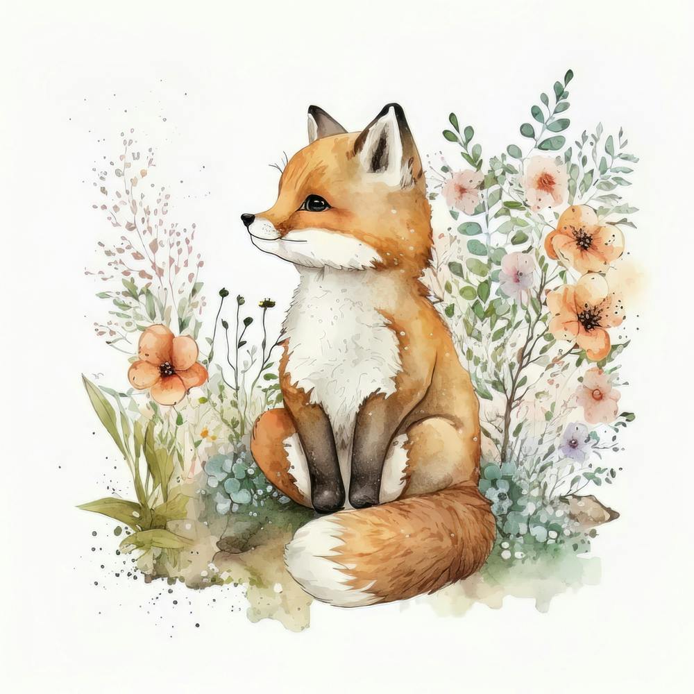 Watercolor Forest Cute Baby Fox