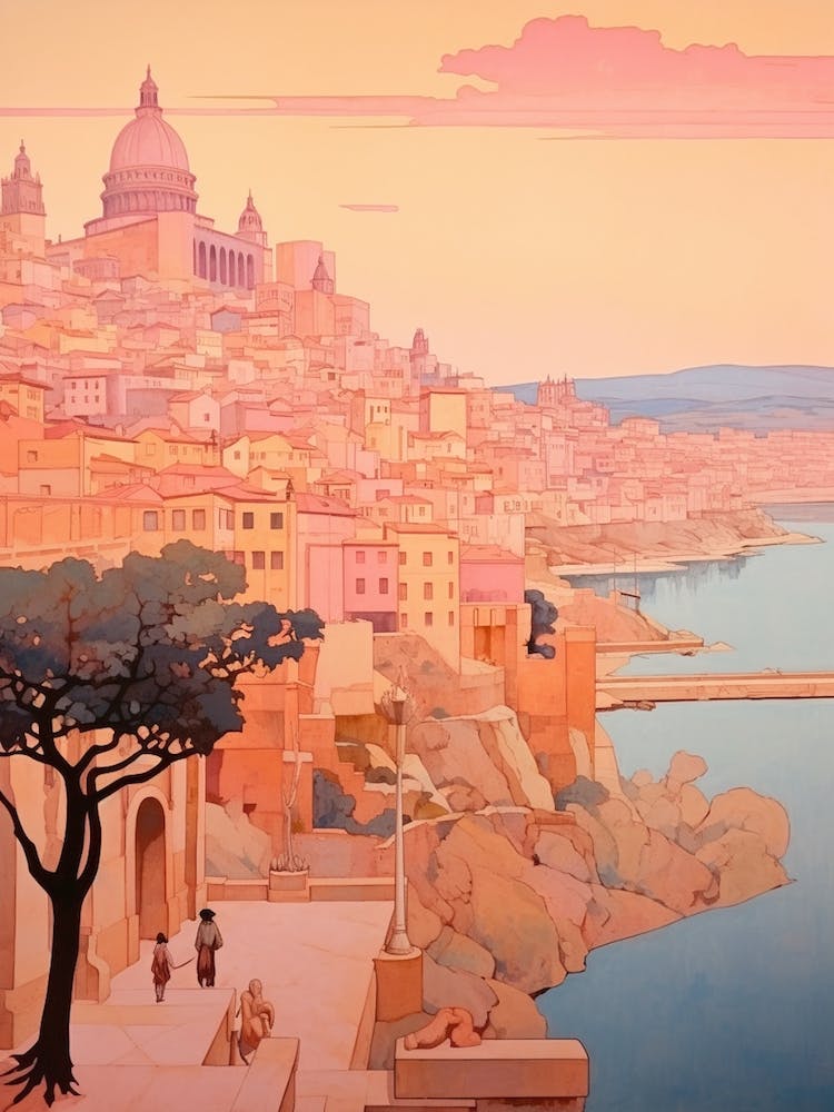 Cartagena Spain 1 Vintage Pink Travel Illustration