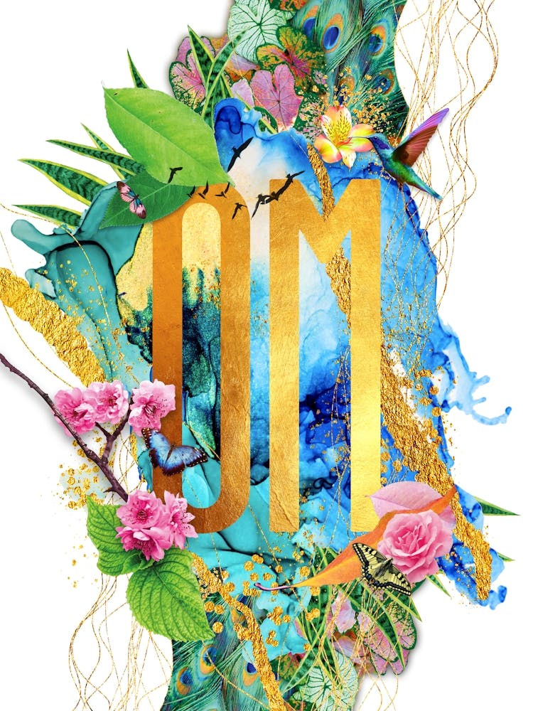 Om Botanical And Floral Text With Humming Bird In Gold, Pink, Blue And Green, Yoga, Spiritual, Wellbeing
