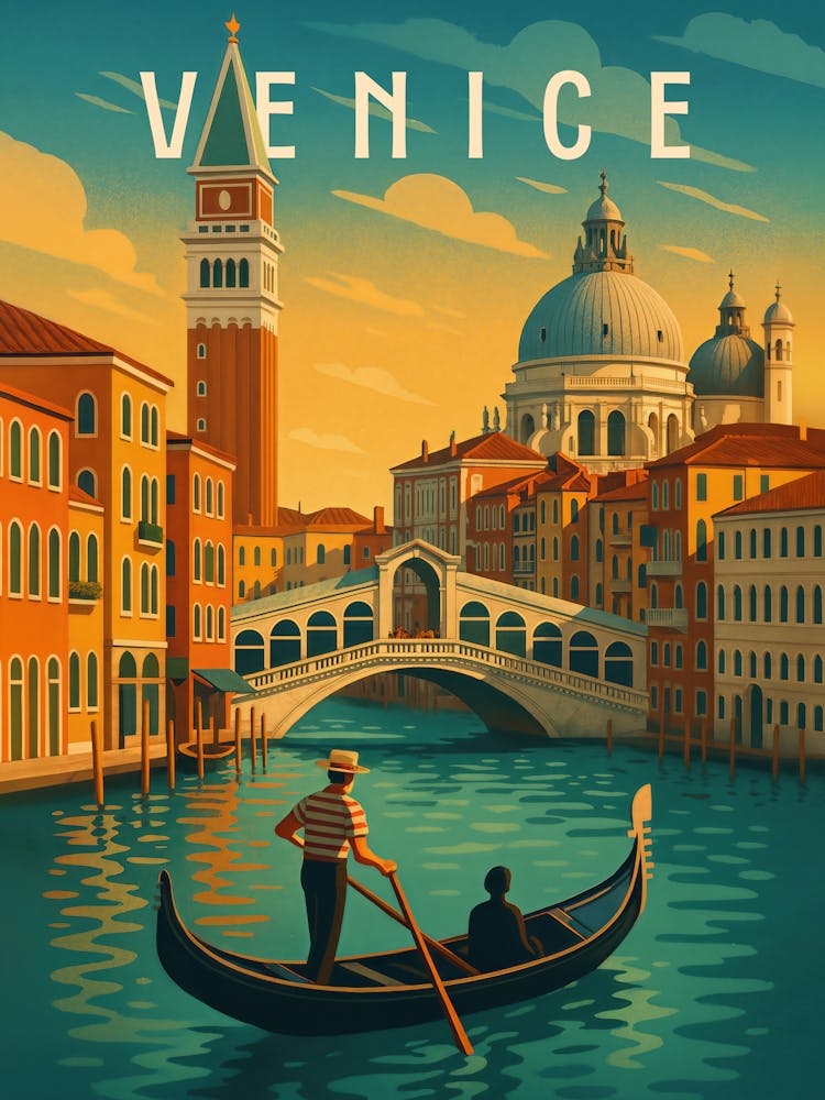 Venice Travel Poster – Romantic Gondola and Sunset Canal: A romantic travel poster of Venice with gondolas gliding through historic canals beneath sunset skies. Featuring iconic Italian architecture, bridges, domes, and vibrant colors – perfect for lovers