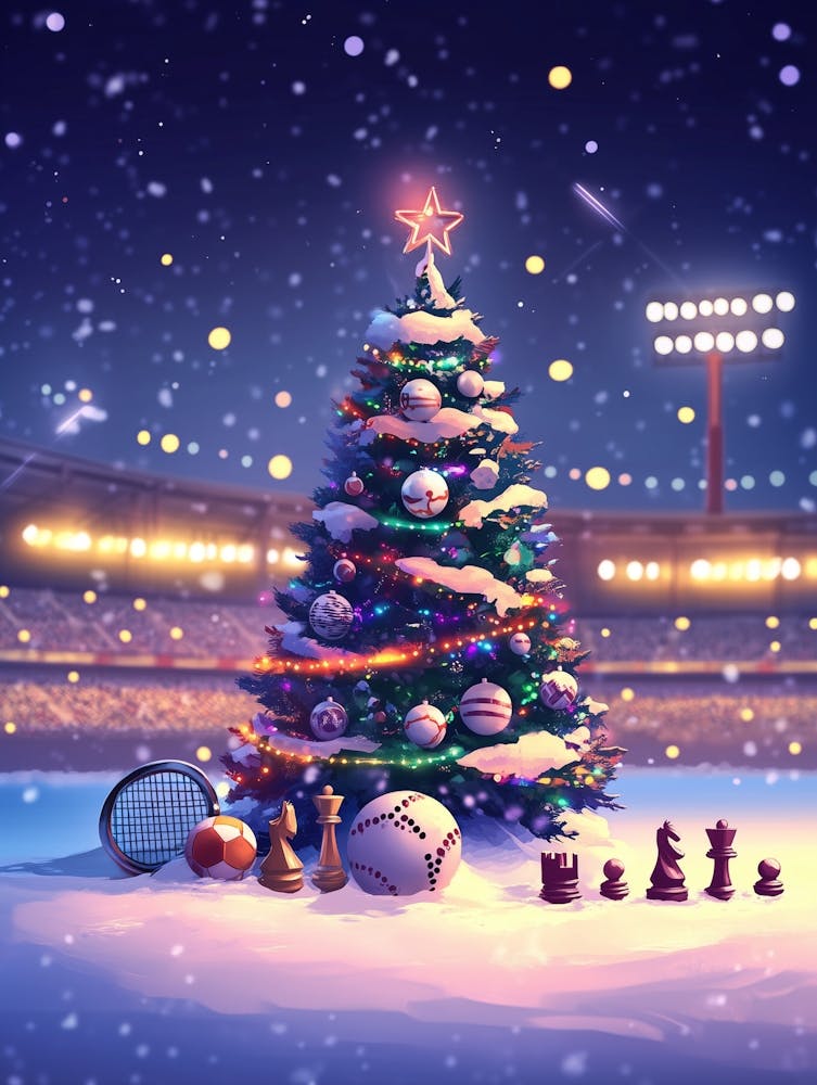 A New Year Card With A Festive Tree Decorated With Sports Equipment (Balls, Rackets, Chess Pieces) 1
