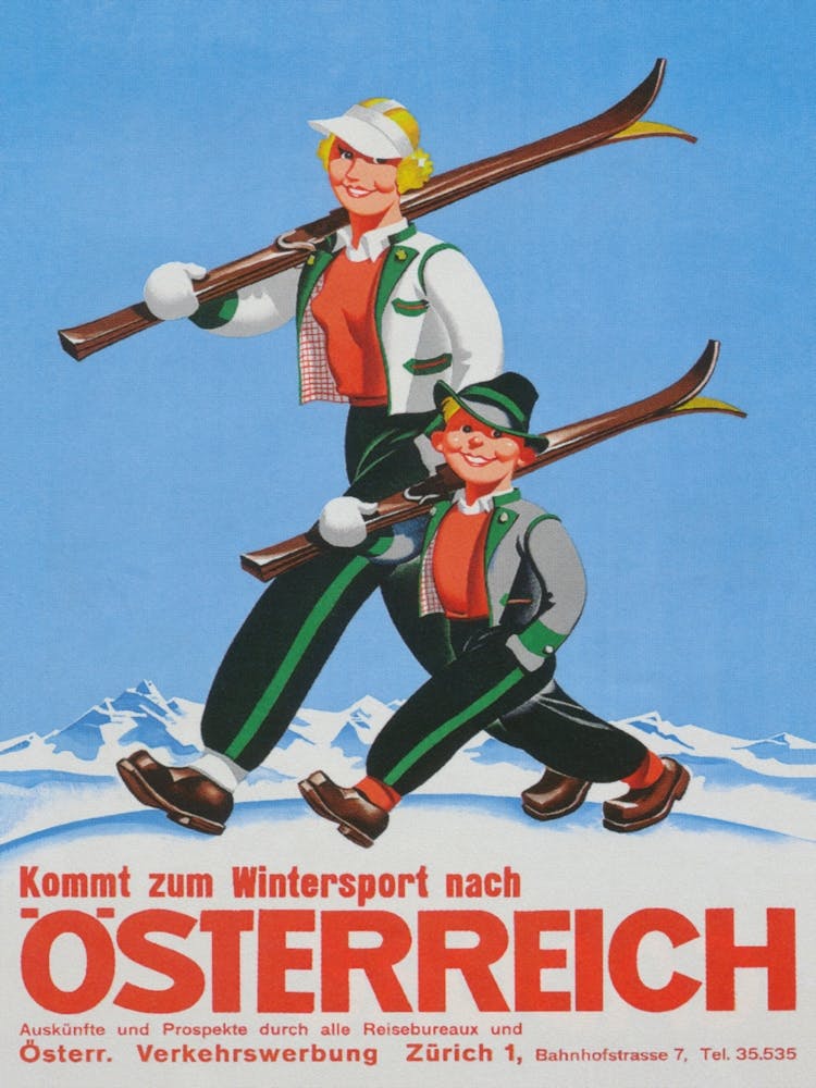 Wintersport Österreich, Mutter und Sohn Skifahrer im Vintage Ski-Poster
