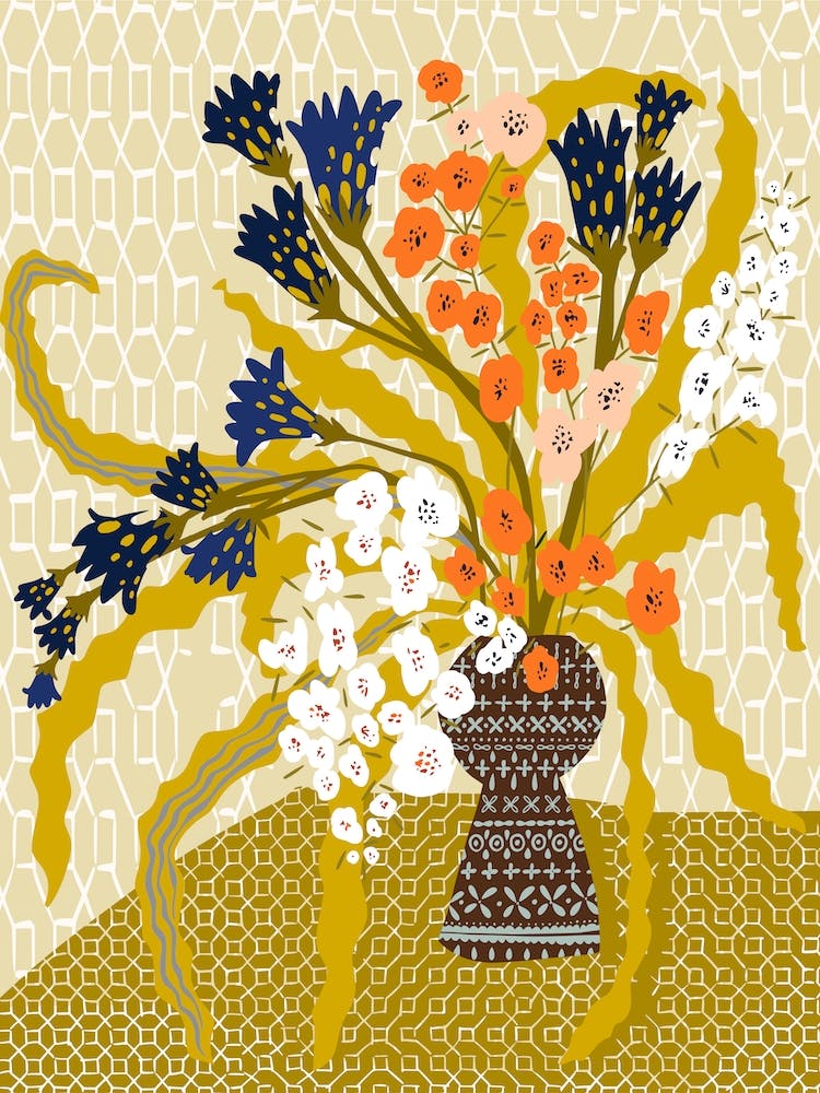 Floral Contemporary Still Life Mustard Yellow