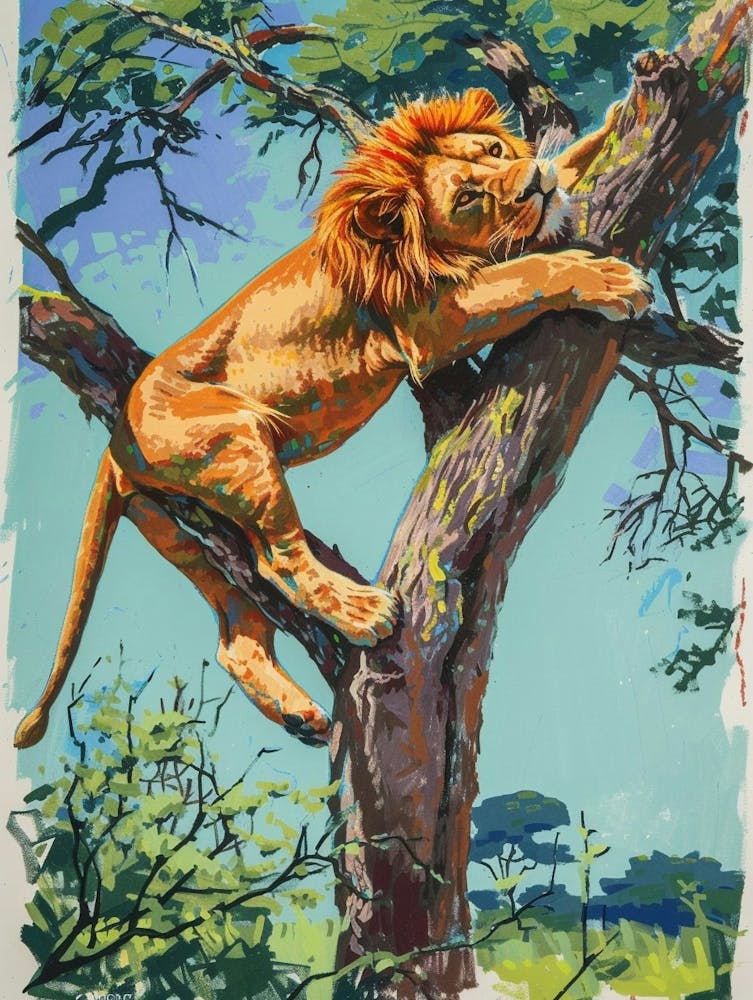 Transvaal Lion Climbing A Tree Fauvist Painting 2