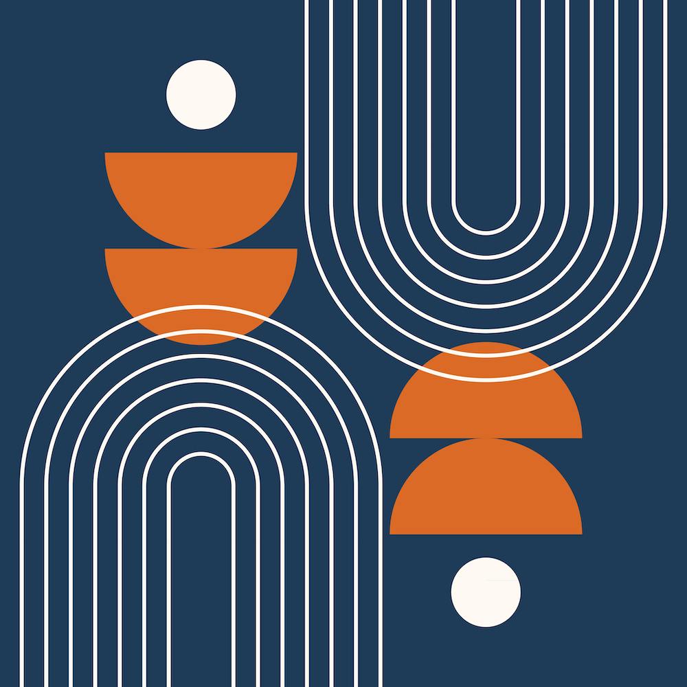 Mid Century Modern Geometric Abstract Rainbow, Moon Phases and Sun in Navy Blue Retro Burnt Orange