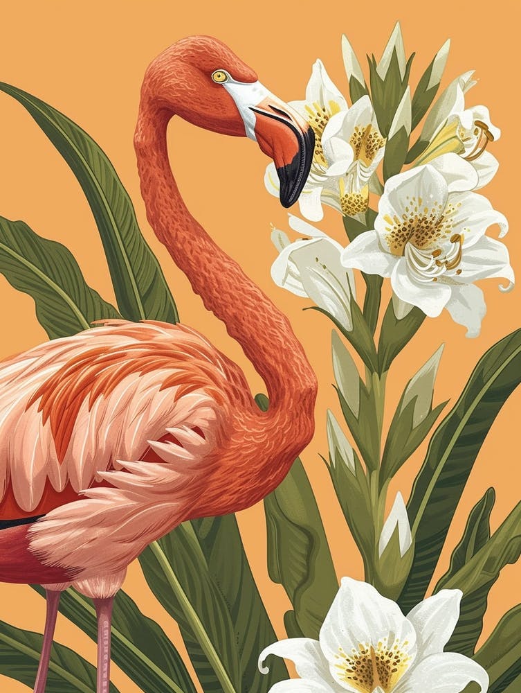 American Flamingo And Canna Lily Minimalist Illustration 1
