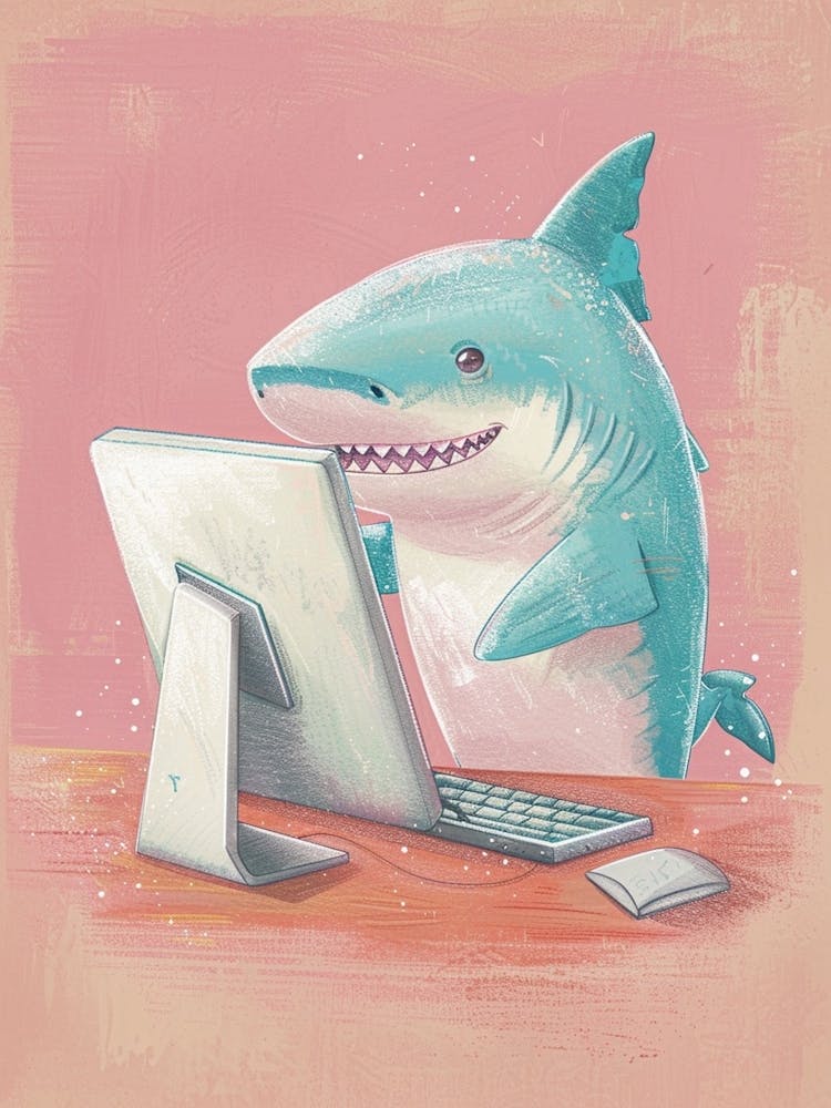 Shark On A Computer Pastel Illustration 2