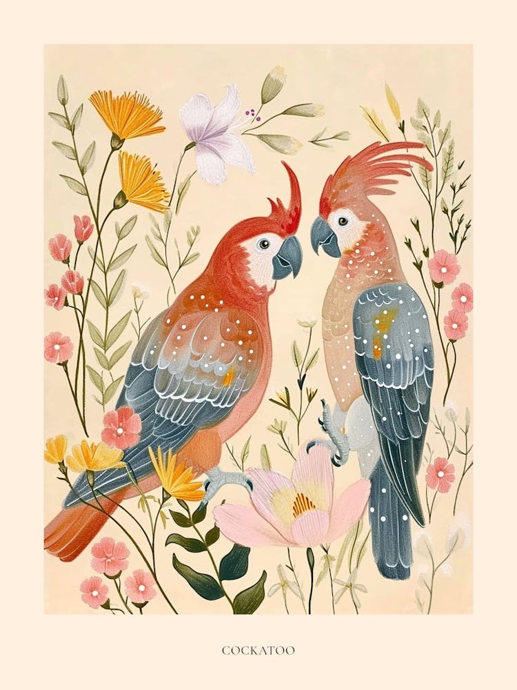 Folksy Floral Animal Drawing Cockatoo 2 Poster