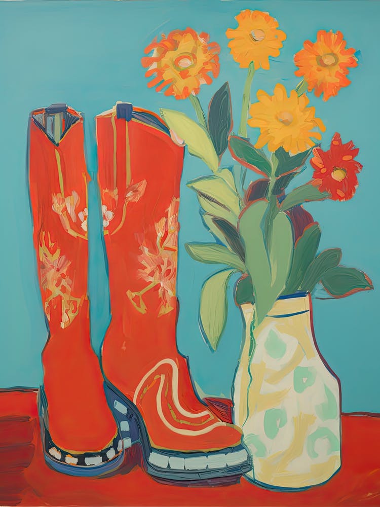 Painting Of Orange Flowers And Cowboy Boots, Oil Style 1