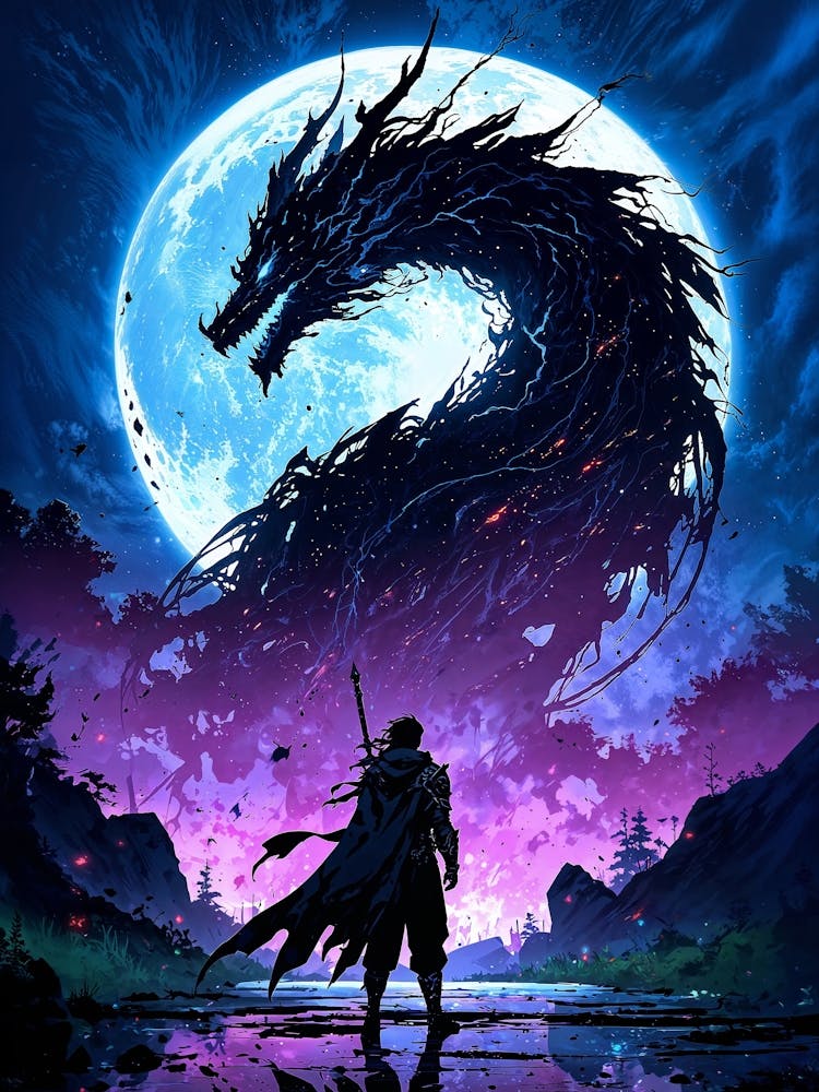 Dragon Moon Warrior: A lone warrior stands in silhouette against a vibrant, otherworldly landscape. A massive, black dragon, its form resembling a tangled mass of branches, is silhouetted against a giant, luminous blue moon. The sky is a gradient of deep blue, fading into a vibrant purple, with wispy clouds and scattered stars. The warrior, clad in dark armor and a flowing cape, holds a sword aloft, facing the dragon.