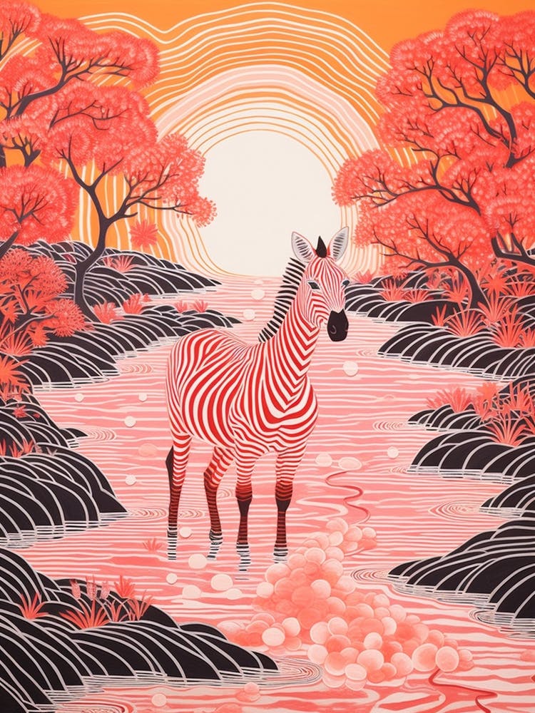 Linocut Pink & Red Inspired Zebra 4