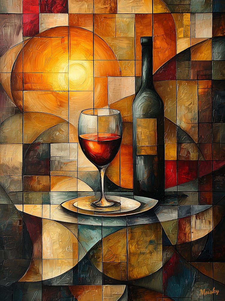 Glass Of Wine, Cubism in Stained Glass Style