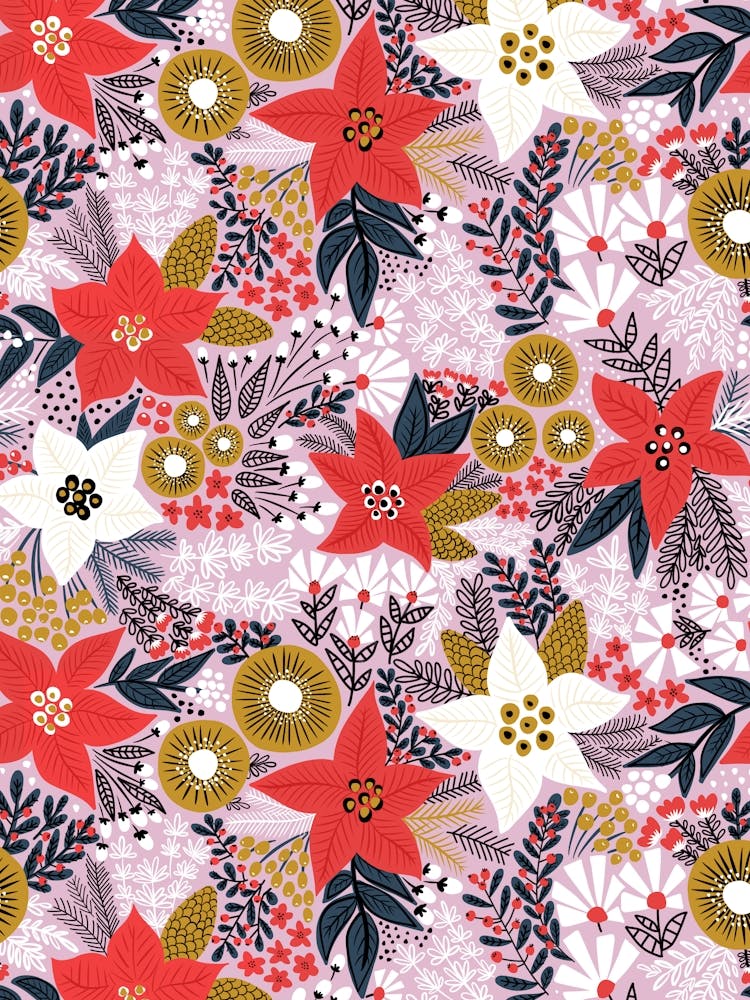 Red and White Poinsettia Flowers and Christmas Florals on Candy Pink