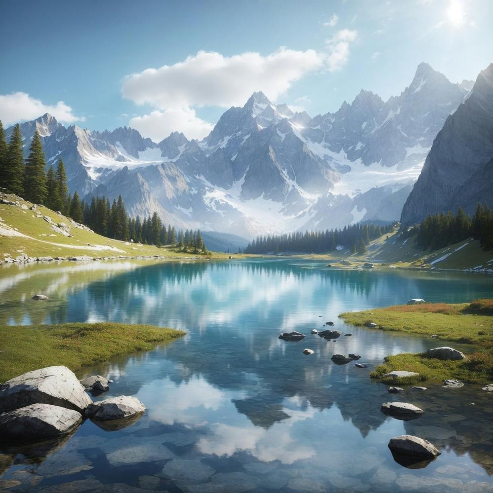 A Serene Mountain Landscape With A Clear Reflective Alpine Lake Nestled Among Rugged Peaks