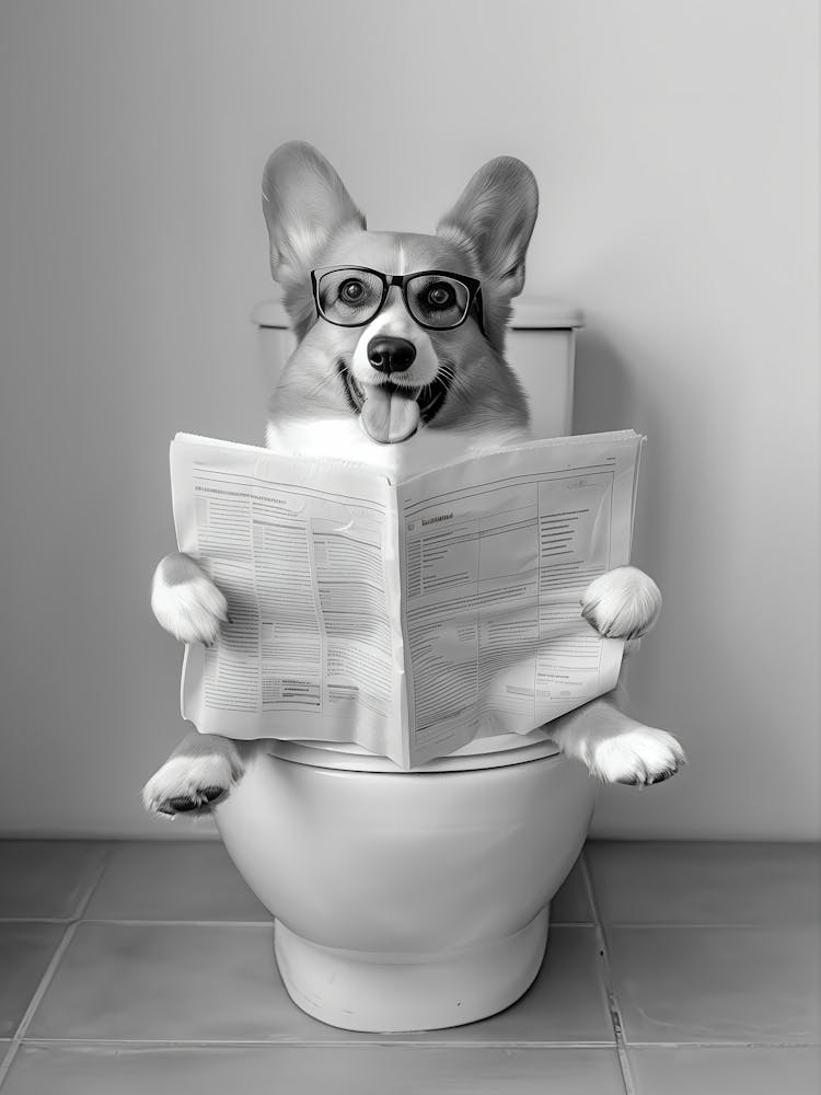 Corgi Reading Newspaper In Toilet Print, Black And White Art, Corgi Gift, Funny Dog Poster, Dog Sitting On Toilet, Bathroom Wall Art