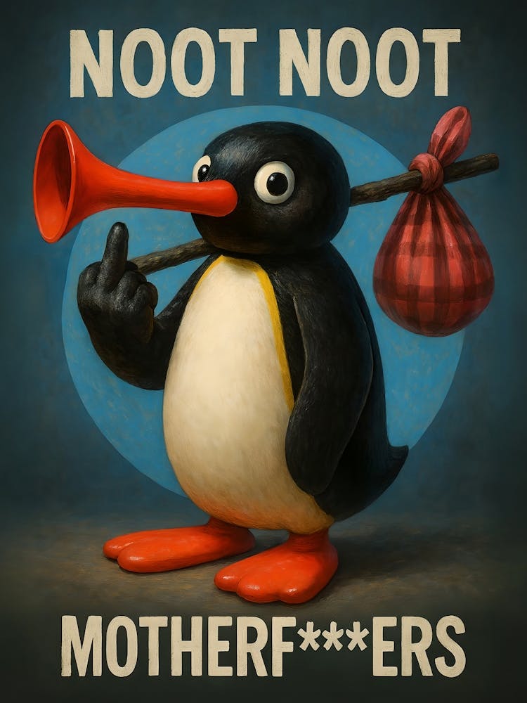 A cute penguin with attitude! This vintage pop art meme features Pingu yelling “Noot Noot” with retro cartoon flair. Equal parts motivational and motherf**king hilarious—perfect for fans of funny penguin humor, comedy, and internet laughs.