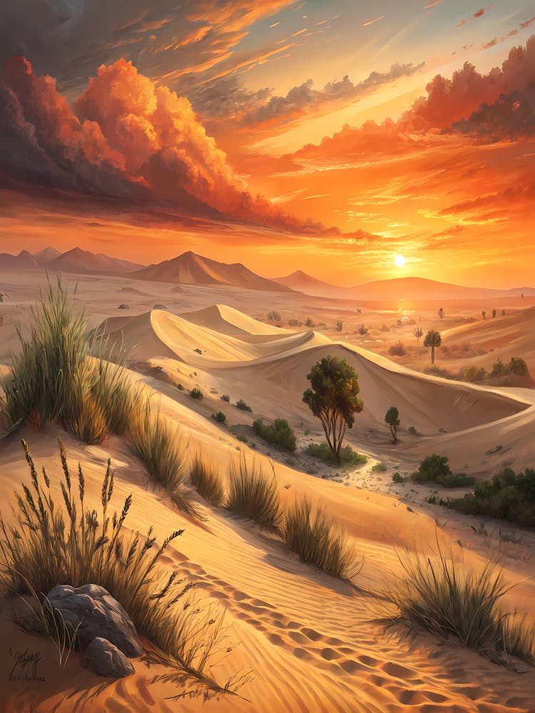 Oil Painting Style Sunset Desert Dunes Peaceful Landscape with Vibrant Sky