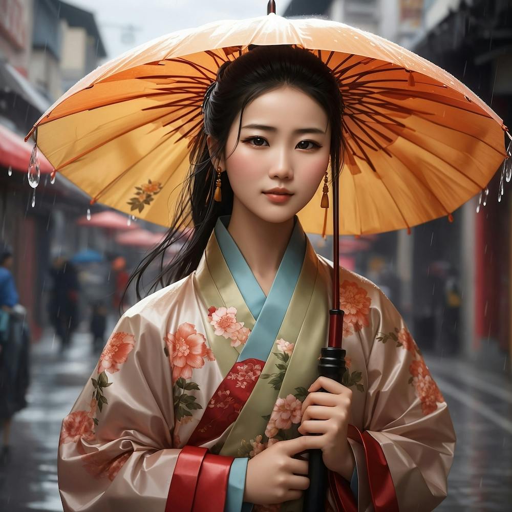 A Chinese Woman In A Rainfalls