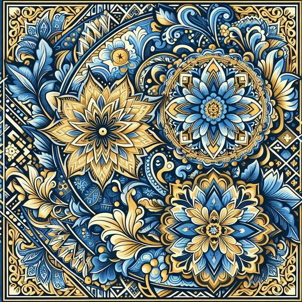 Batik, Blue And Gold Floral Pattern 1