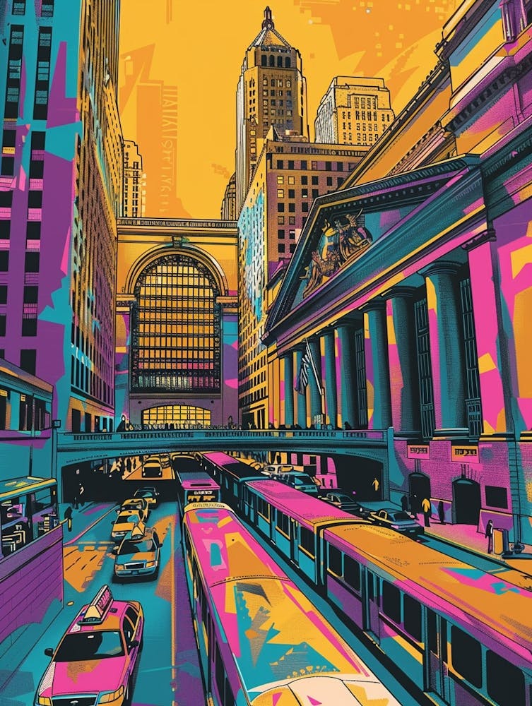 Grand Central Terminal New York Farbenfrohe Siebdruck-Illustration 3