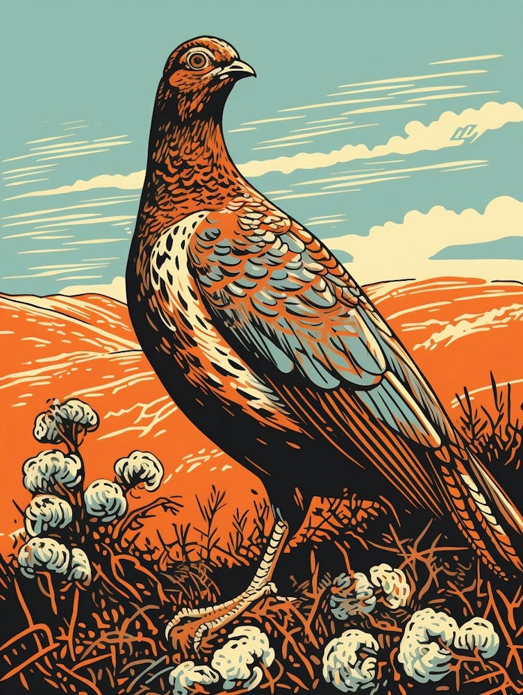 Vintage Bird Linocut Grouse 3