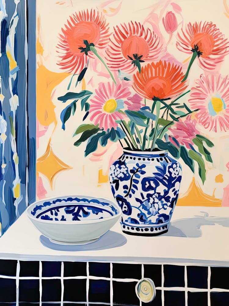 Bathroom Vanity Painting With A Peacock Flower Bouquet 1