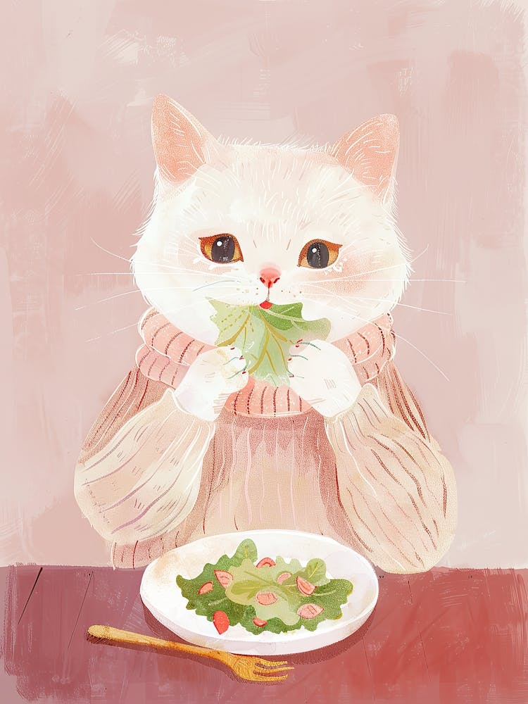 White Tan Cat Eating Salad Folk Illustration 1