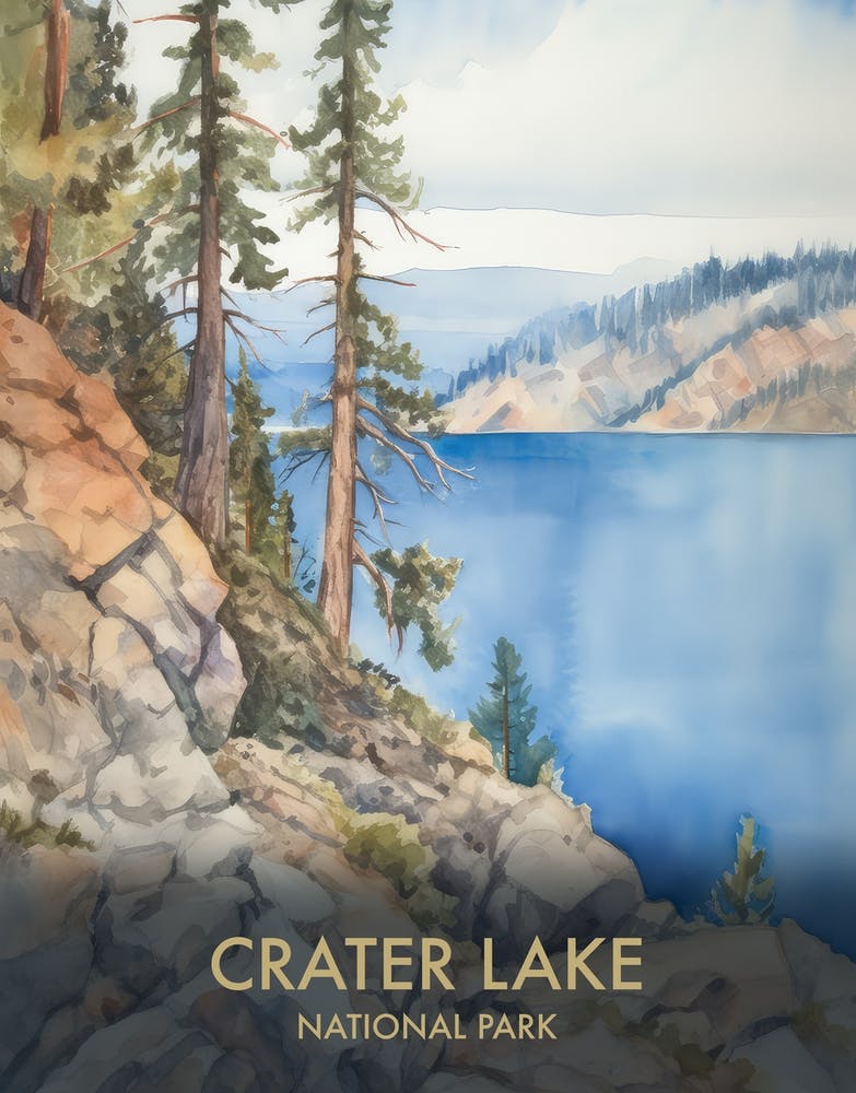 Crater Lake National Park Watercolour Vintage Travel Poster 1